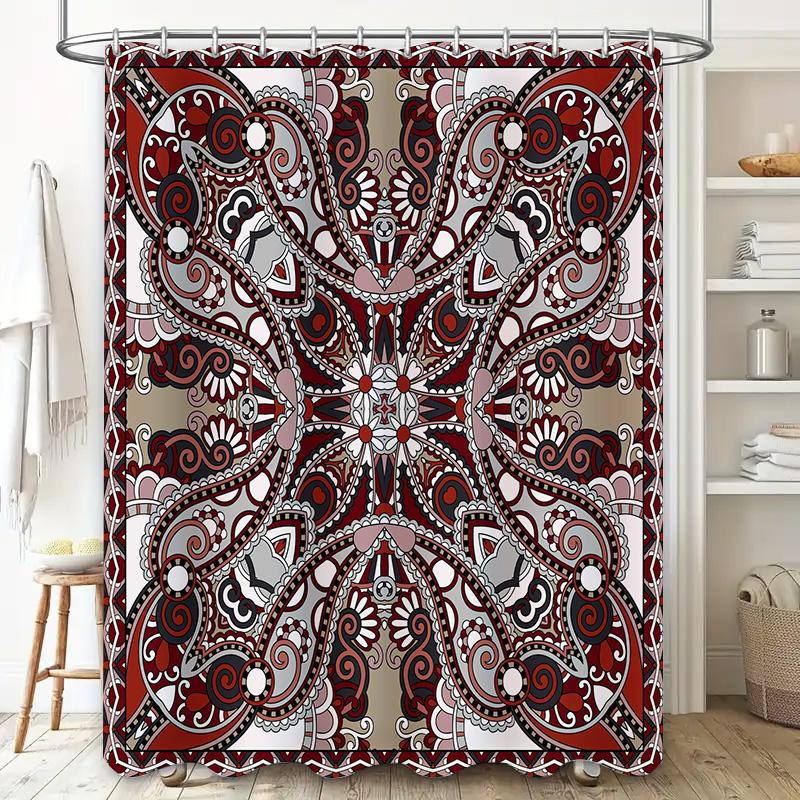 Red White Boho Print Shower Curtain Waterproof Fabric Washroom Decor Home Decorative Bath Mat Bathroom Wall Hanging Large Size