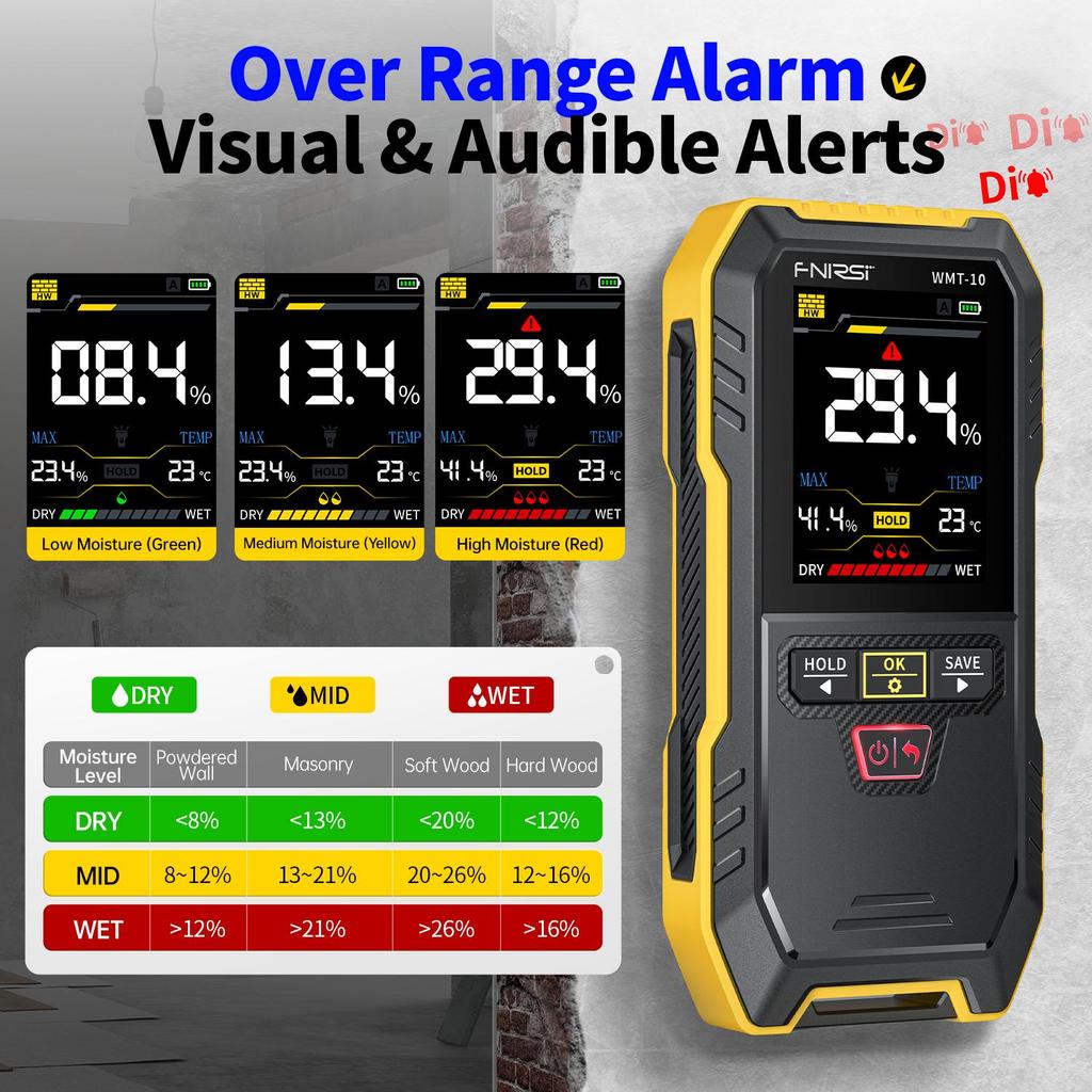 Digital Inductive Wood Moisture Meter WMT-10 With 4 Modes 17mm Depth 75% Range 0.1% Accuracy Data Record For Wood Masonry Wall