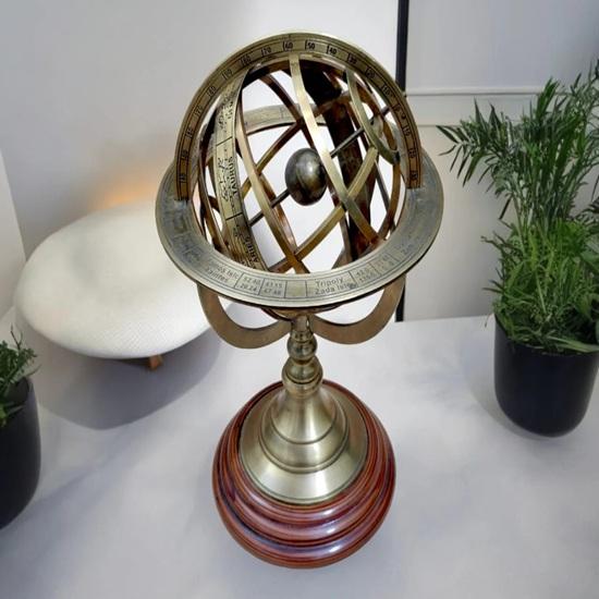 15.24 cm Brass Armillary Sphere on Elegant Wooden Base A Nostalgic Décor Accent for Your Home Décor Table top Gift
