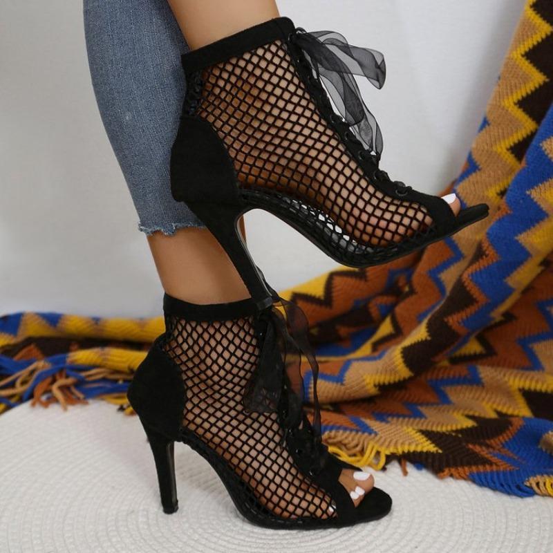 Women's Fashion Stiletto Sandals Summer New Round Head Front Lacing Net Fabric Hollow-out Anti-slip Wear-resistant High Heels