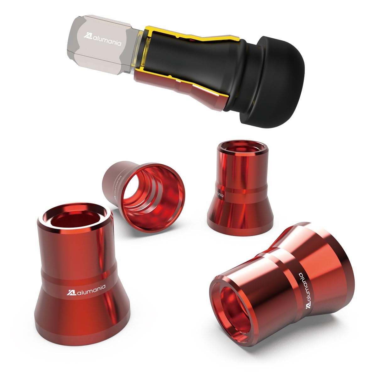 

Alumania Air Valve Stem Cover Red Aluminum Full Billet Car Wheel Rubber Air Valve Protection VU-003-SS-RE Set of 4 TR413 красный