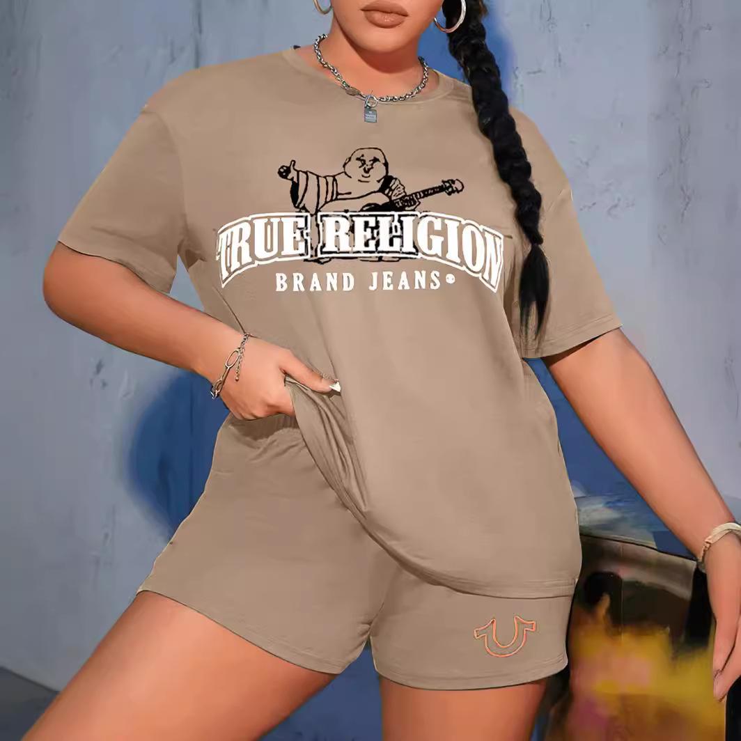 

Women s Printed Sports Suit Letter Short Sleeve Shorts Round Neck Casual Two Piece Set
