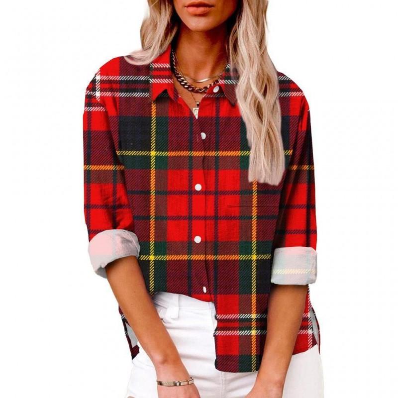 Womens Relaxed Fit Long Sleeve Shirt With 3D Digital Print Plaid Casual Cotton Linen Blouse
