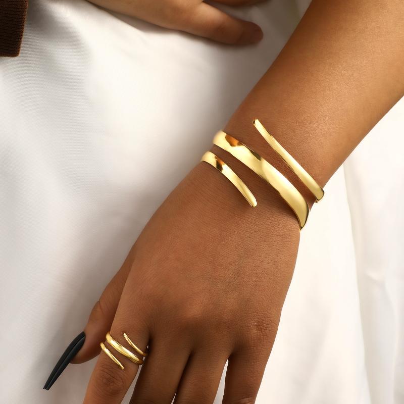2-teiliges Set Übertreibung Persönlichkeit Goldfarbe Spirale Mehrschichtig Armband Ring Für Frauen Party Pendeln Charms Schmucksets Geschenk