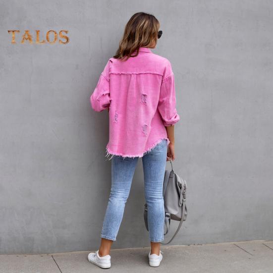 Women Denim Jacket Retro Single-breasted Ripped Hole Turn-down Collar Long Sleeves Solid Color Flap Pockets Lady Coat Commuting Shopping Coat