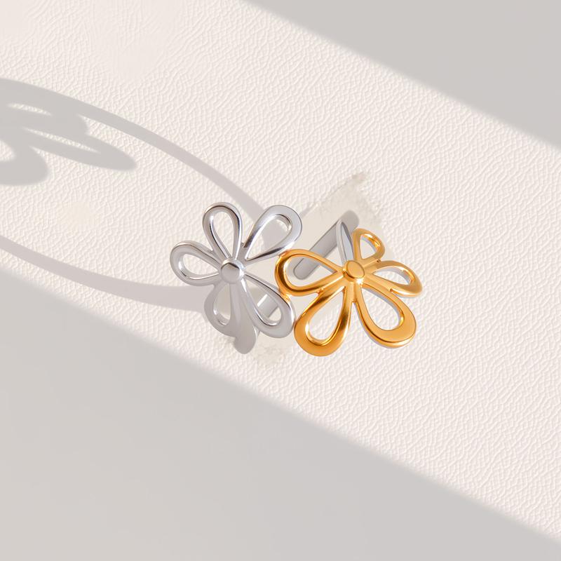 

Luxury Dual Flower Hollow Adjustable Open Rings for Women Minimalist Stainless Steel Rings Waterproof Hand Zircon Party