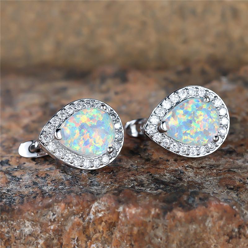 Boho Dámske Biele Ohnivé Opálové Klipsové Náušnice Vintage Svadobná Bižutéria Kvapka Vody Pre Ženy