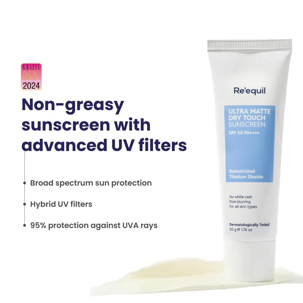 RE' EQUIL Ultra Matte Dry Touch Sunscreen SPF 50 PA++++, No White Cast, 50G