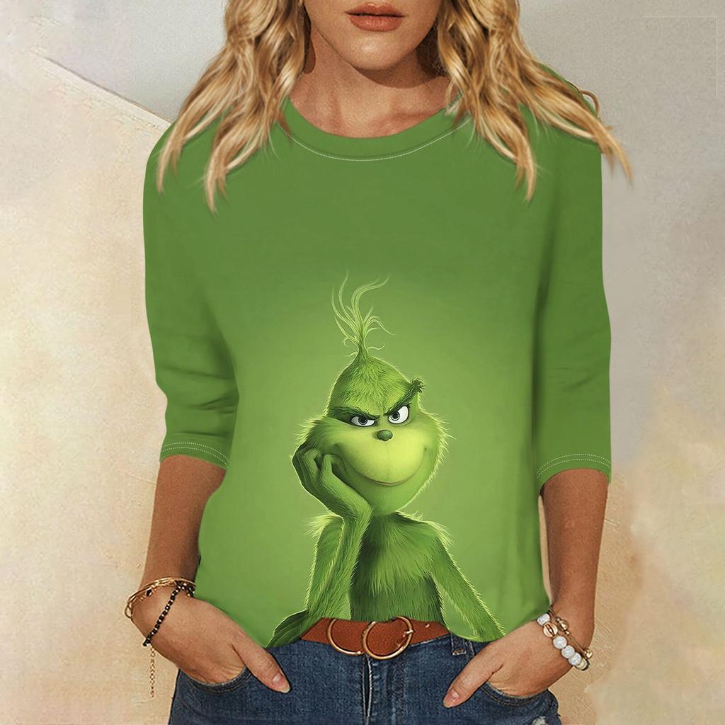 Women's Round Neck Three-Quarter Sleeve  Print Casual Top