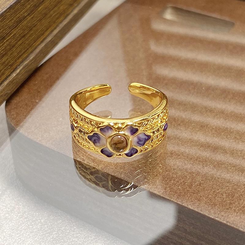 Medieval Vintage Retro Colored Enamel Open Ring Women'S Niche High-End Light Luxury Personality Ring