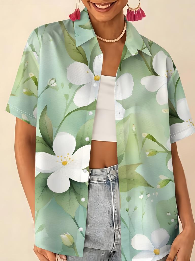 Gentle blue floral printed shirt for women, short-sleeve loose lapel design, niche vacation style top