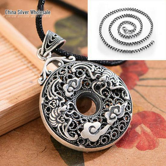 Sterling Silver S999 Unisex Auspicious Cloud & Bat Necklace - Retro Good Luck Peace Buckle Pendant.