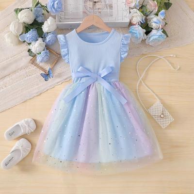 Mädchen Sternenhimmel Farbverlauf Netz-Panel Kleid Sommer Kinder Mode Prinzessinnenkleid