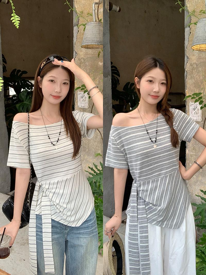 2026 Summer Striped Off-Shoulder Plus Size Women s Irregular Short-Sleeve Top XXXXL