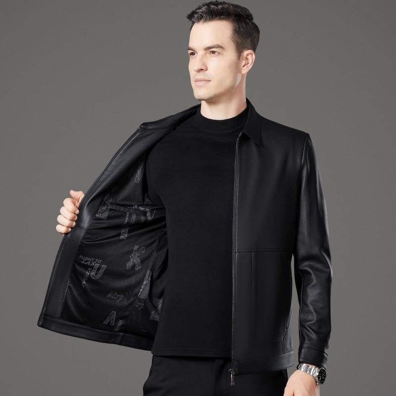 Soft Leather Jacket for Men In Autumn and Winter Plus Velvet Lapel Leather Jacket for Men Middle-aged and Elderly Dad Sheepskin Jacket