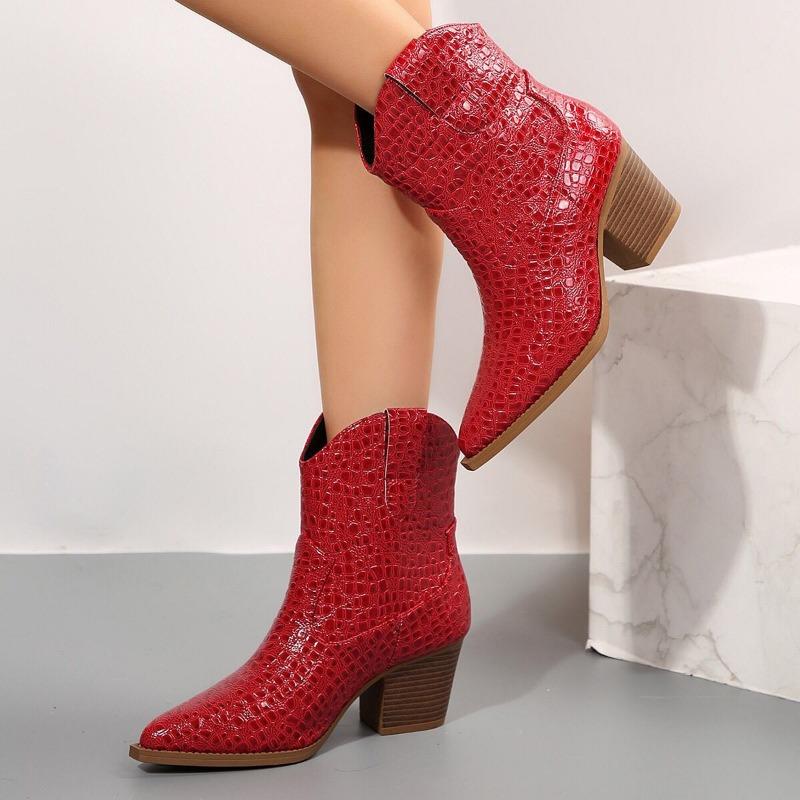 Autumn and winter new pointed thick heel high heel fashion boots women's medium boots snake pattern sleeve mouth, Martin boots