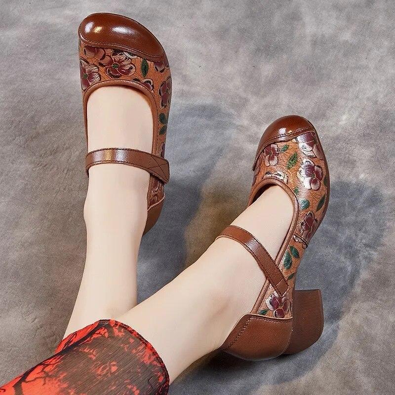 Johnature Pantofi de damă cu imprimeu în stil etnic, din piele naturală, cu vârf rotund, cu toc gros, cu talpă moale