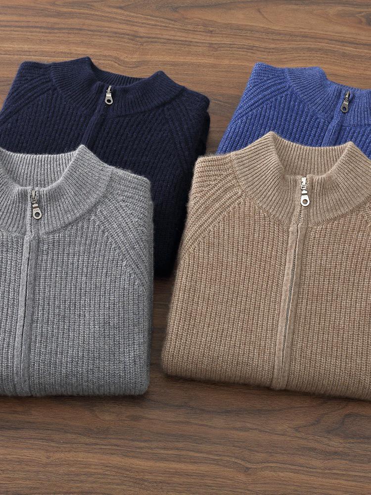 Men's Solid Color Cashmere Knit Cardigan - Autumn/Winter 2025, Loose, Soft, Comfortable, Zipper, Long Sleeve, Versatile.