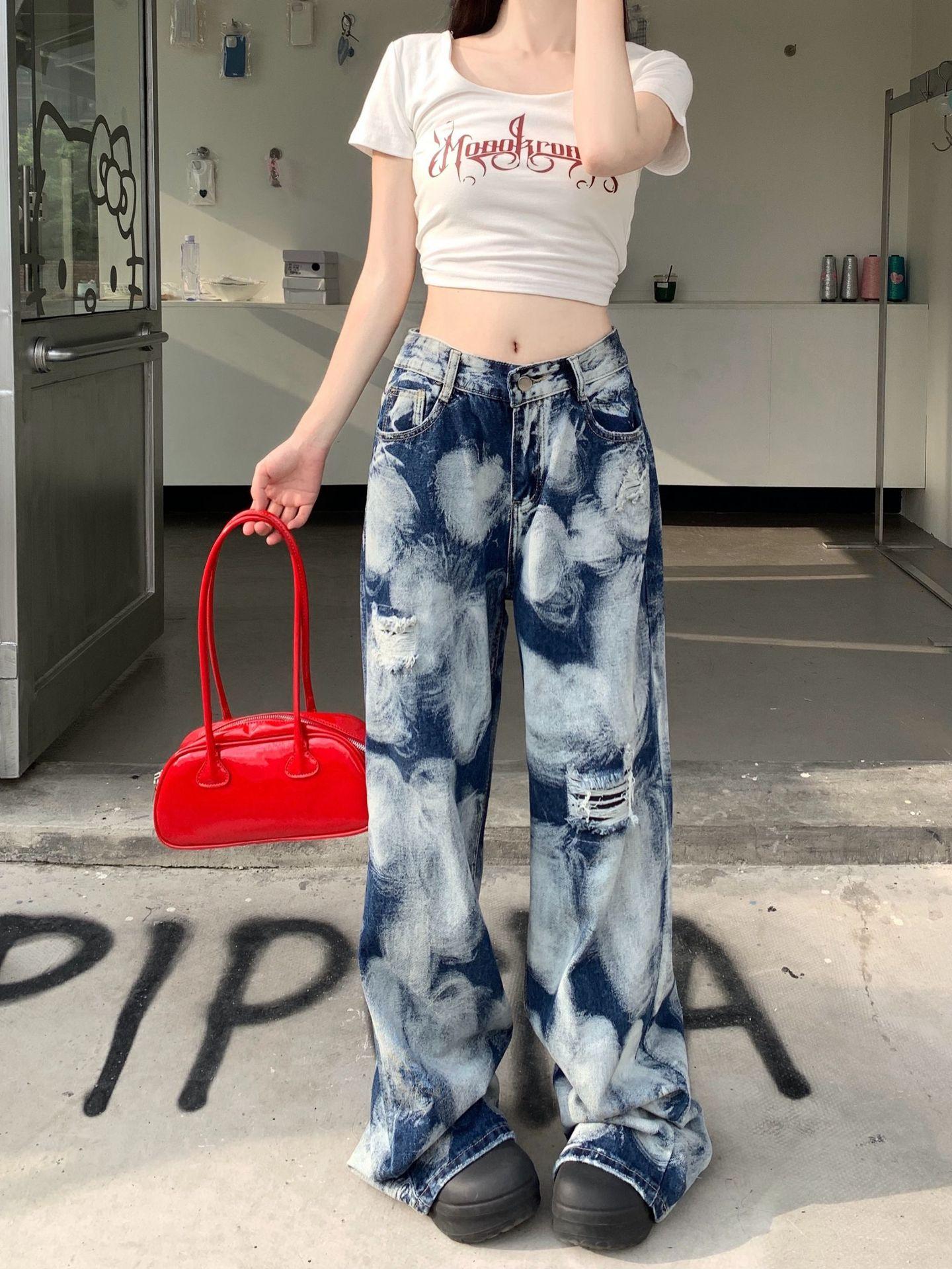 

Стильные уличные камуфляжные широкие джинсы с отверстиями для женщин, свободные облегающие и утягивающие прямые брюки, модные L синий