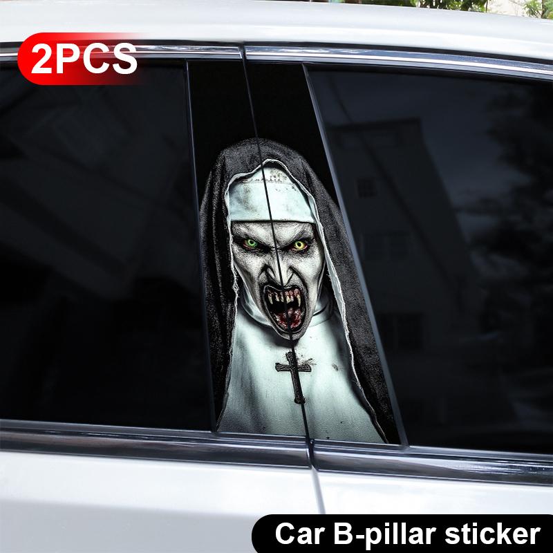 2pcs Horror Nun Stickers Car Door Pillar Stickers Halloween Stickers DIY Car Pillar Stickers Vinyl Self-Adhesive Stickers