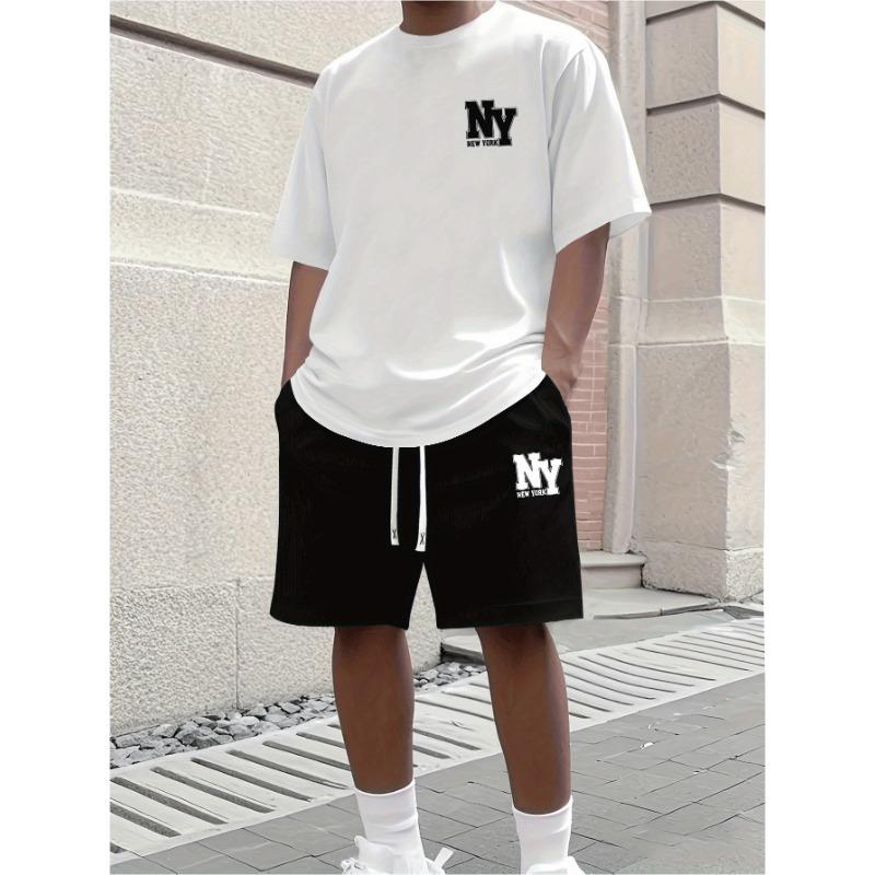Men's Summer 2-piece Set, Short Sleeved Round Neck T-shirt and Elastic Waist Shorts