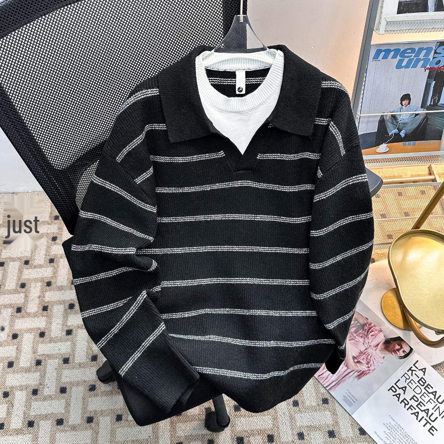 Men s Retro Color Block Polo Collar V-Neck Sweater - Autumn/Winter Casual Knit Top 2XL чёрный