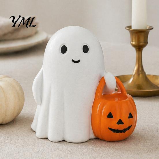 Glowing Desk Ornament Halloween Holding Pumpkin Ghost Figurine, Spooky Statue with Holiday Night Light, Resin for Tabletop Centerpiece