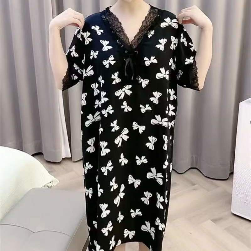 Women's Clothing Sexy Leopard Elegant V-Neck Lace Spliced Midi Dress Summer Straight Stylish Bow Casual All-match Loose Dresses