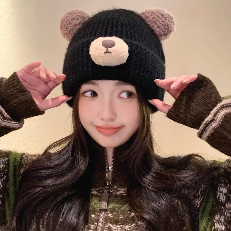 Cartoon Bear Knitted Wool Hat for Women In Autumn and Winter Thickened Warm and Cold Protection Cute Versatile Ear Protection Bag Head Cold Hat