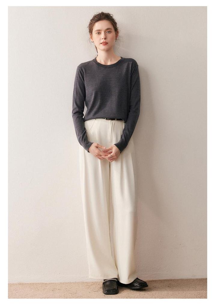 Women's Pure Wool Round Neck Knit Sweater - Autumn/Winter Base Layer