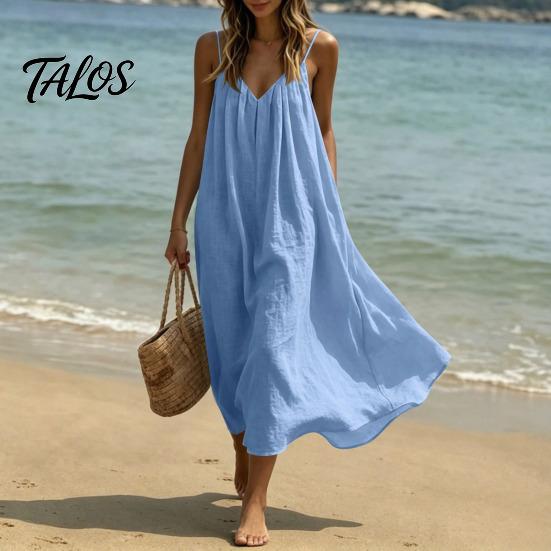 Flowy Beach Dress Women's Spaghetti Strap Sundress, Summer Sleeveless V Soft Fabric Neck Cami Dress, Loose Vacation Long Multi-detail Design