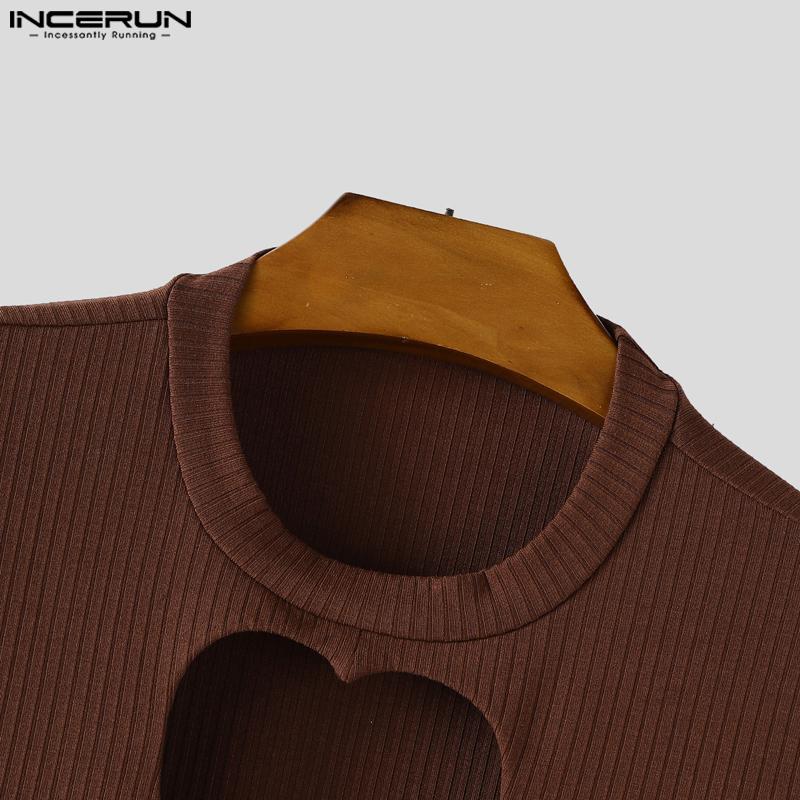 INCERUN Autumn Men Long Sleeve Cutout High Splits Ribbed Tunic Tops Pullovers
