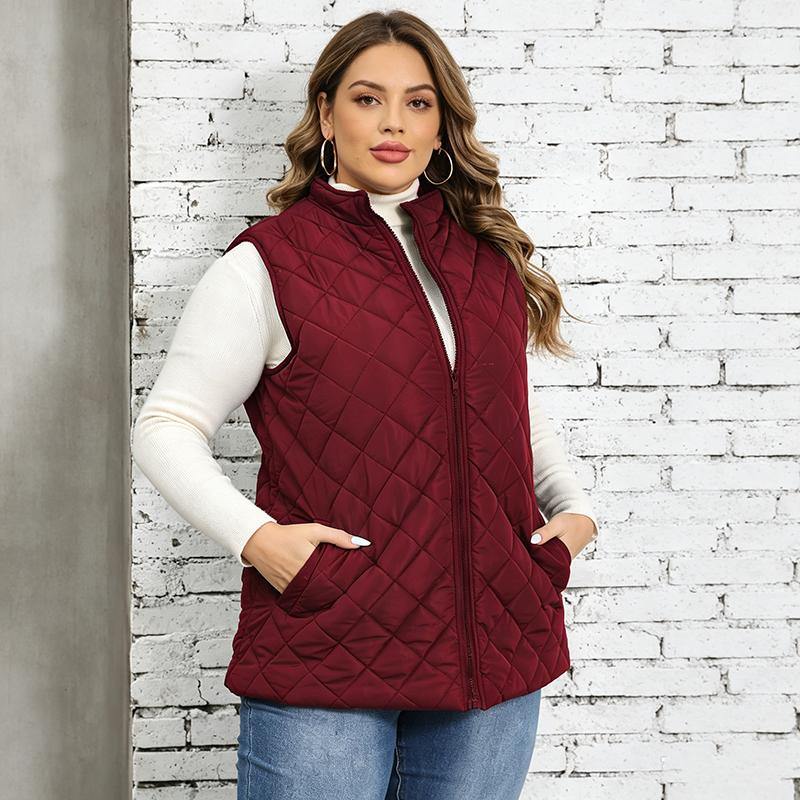 Plus Size Solid Color Quilted Vest Coat Women Stand Collar Zip Waistcoat
