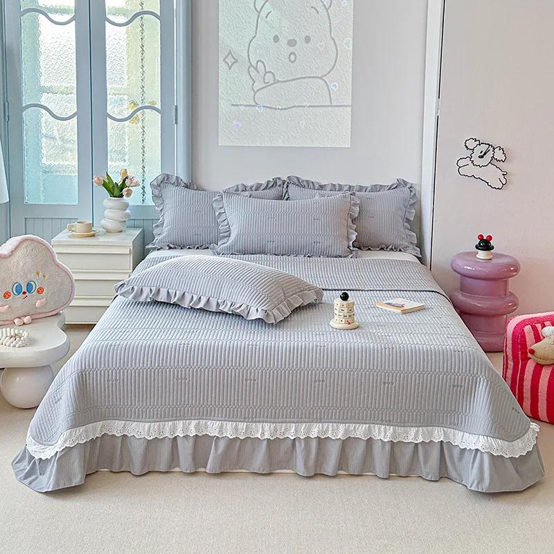 2025 New Kapok Twill Bed Cover Three Piece Set Kapok Love Solid Color Lace Bed Cover with a Pair of Pillowcases