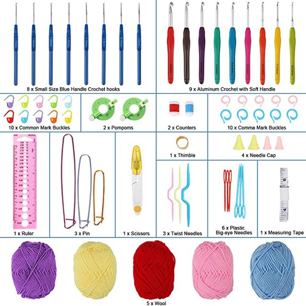 Sada 67 háčkovacích háčků s pouzdrem, sada pro začátečníky, barevné háčkovací jehlice, sada příze s ergonomickou rukojetí pro začátečníky