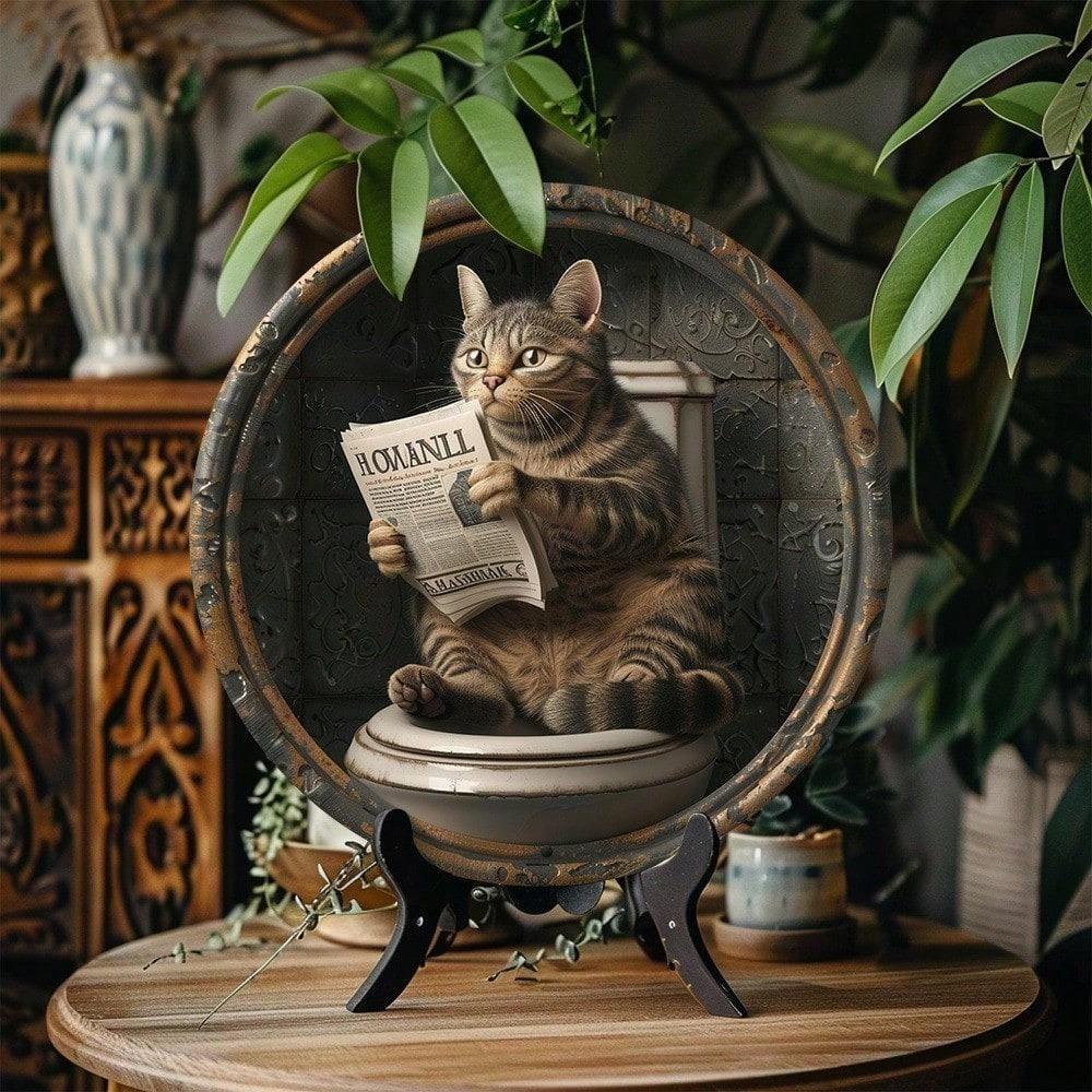 1pc Vintage Cat on Toilet Reading Newspaper Metal Sign, 2D Round Iron Wall Decor, Funny Home Office Garage Decor