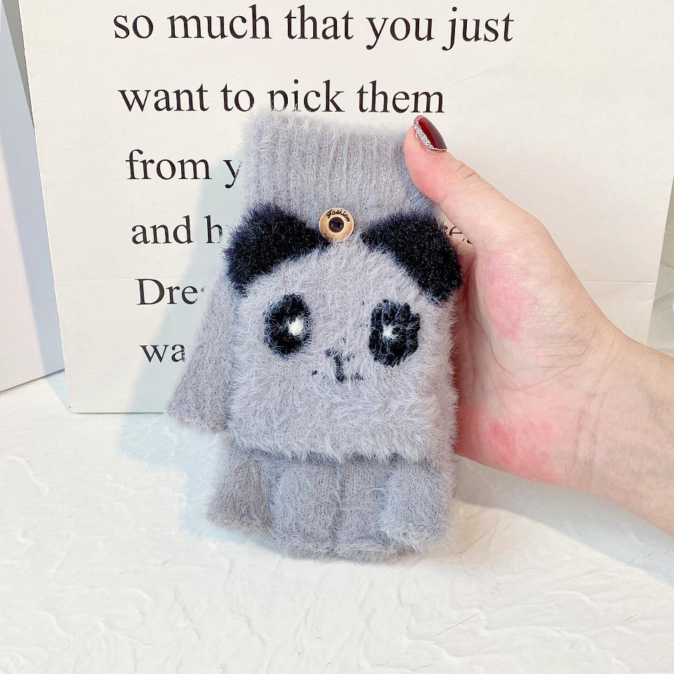 Cartoon Panda Warm Winter Women's Half Finger Flip Plush Knitted Coldproof Thickened Cycling Office Fingerless Gloves