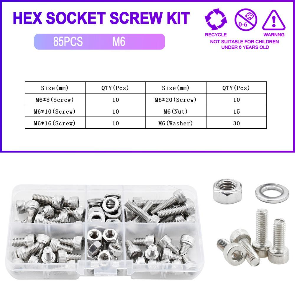 304 Stainless Steel Hex Socket Screw Bolt Nut Washer Set M2 M3 M4 M5 M6 Metric Thread Metal Machine Screws Gasket Assortment Kit