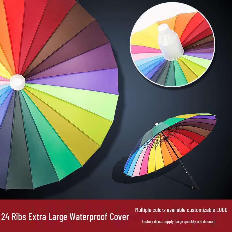 Rainbow 24-Rib Windproof Dual-Use Umbrella - Business, Sunny & Rainy Shade, Double Person, Straight Handle, Sun Protection.