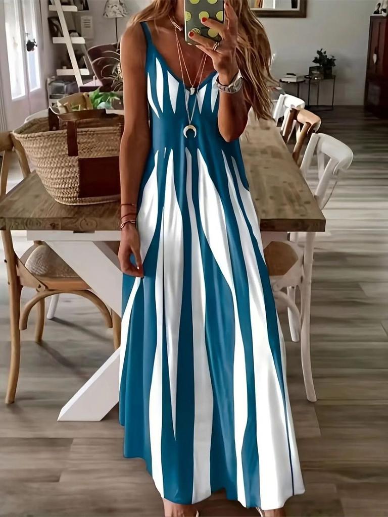Summer Breeze Printed Vneck Sleeveless Maxi Dress For Casual Women