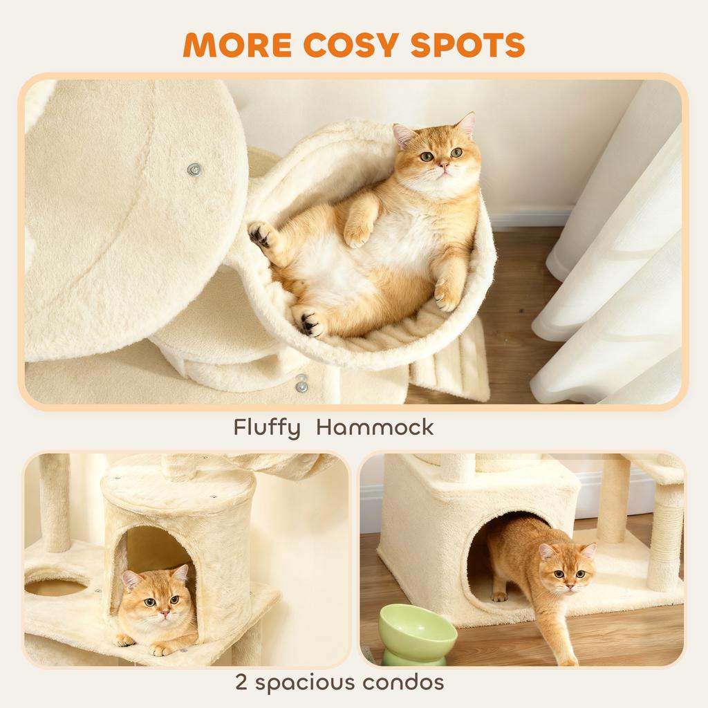 170 Cm Large Cat Tree Cat Tower With 7 Scratching Posts Tunnel 2 Condos Hammock Perch Ramp Pompoms Beige