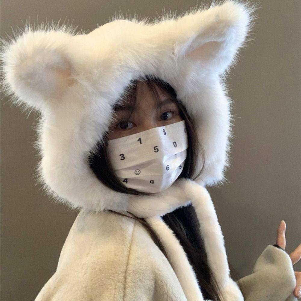 Plush Ear Protection Hat Warm Plush Fox Ears Hat Outdoor Bucket Hat Women
