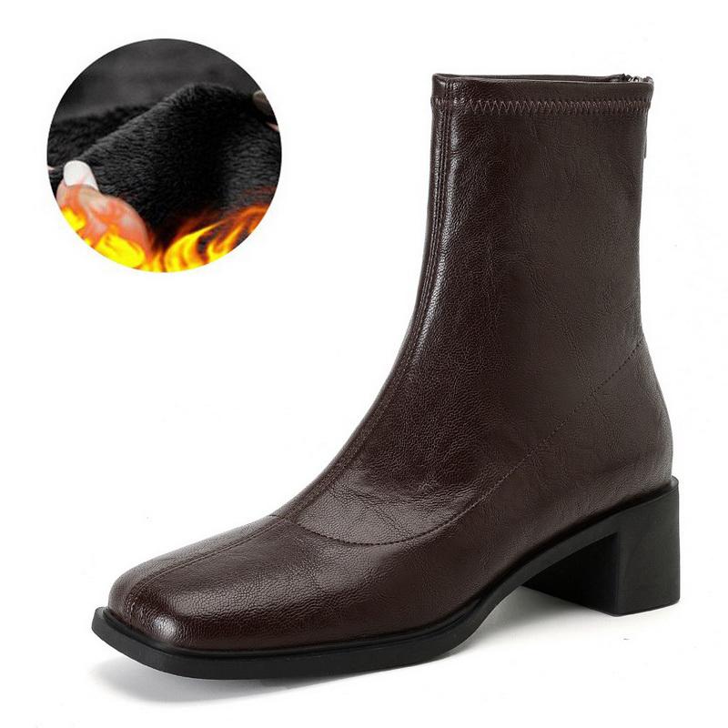 

Women Back Zipper Thick Heel Single Boots Autumn Winter Warm Plush Short Boots Outdoor Office Party Banquet Slim Stretch Boots 34