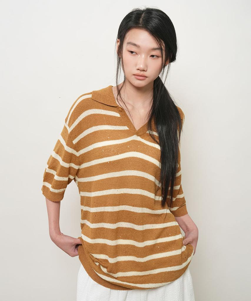 GENERALIDEA Unisex One-Button Collar Striped Half Knit [3Col] / Gf2Ukp021