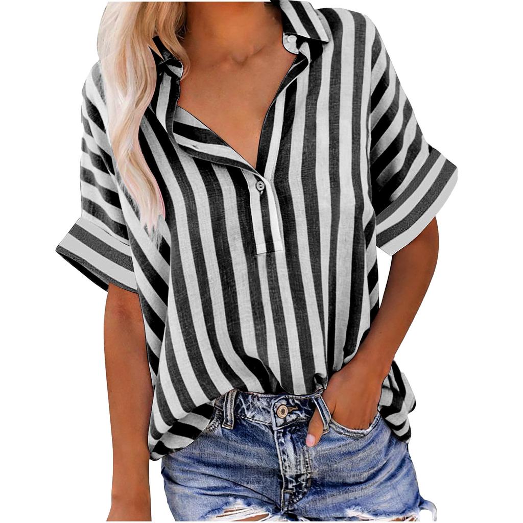 Womens Loose Fit Vertical Stripe Short Sleeve Button Down Collared Shirt Casual Lightweight Blouse Top