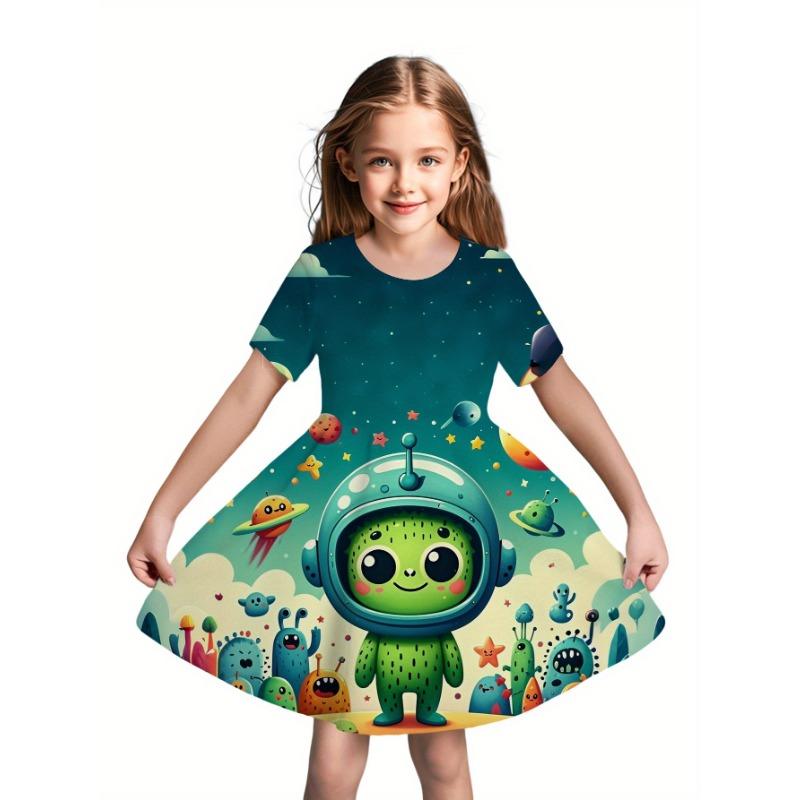 

3D Alien Dress with Random Alien Print - Short Sleeve Round Neck Dress Suitable for Casual Sports, Outdoor Play & Birthday Parties, 110