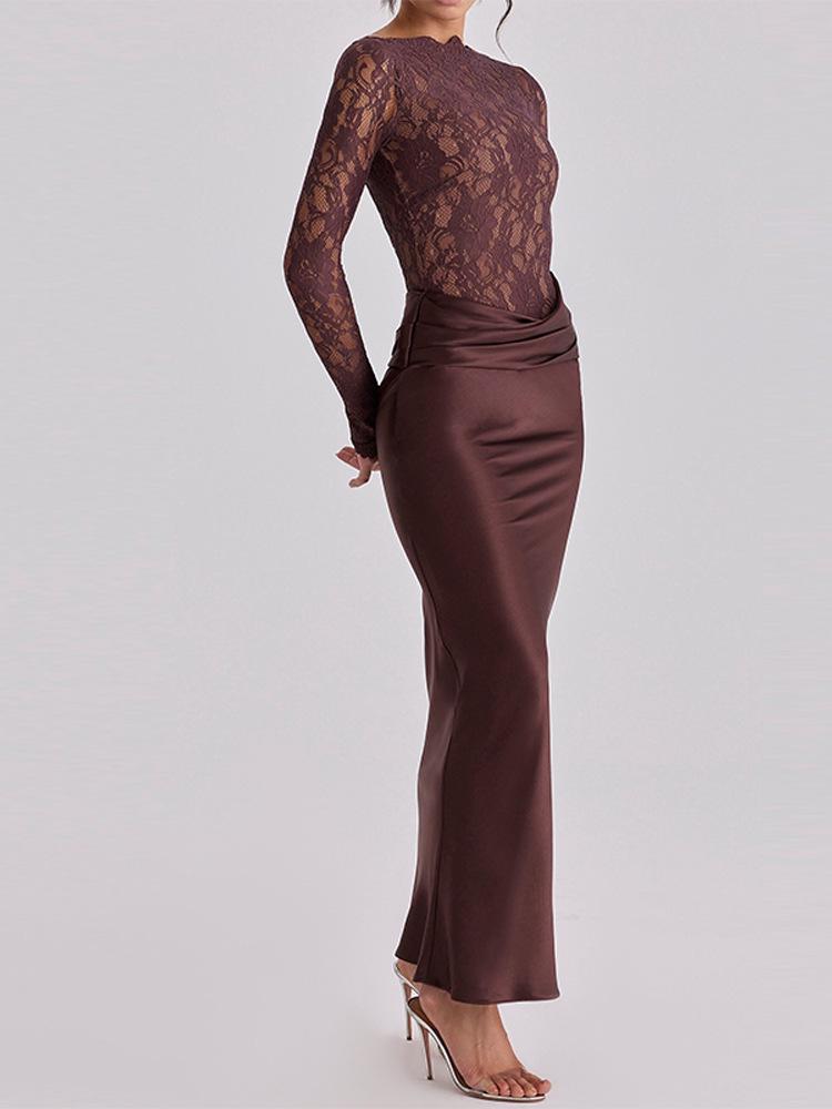 2026 European & American Women's Autumn/Winter Sexy Lace See-through Bodycon Long Dress