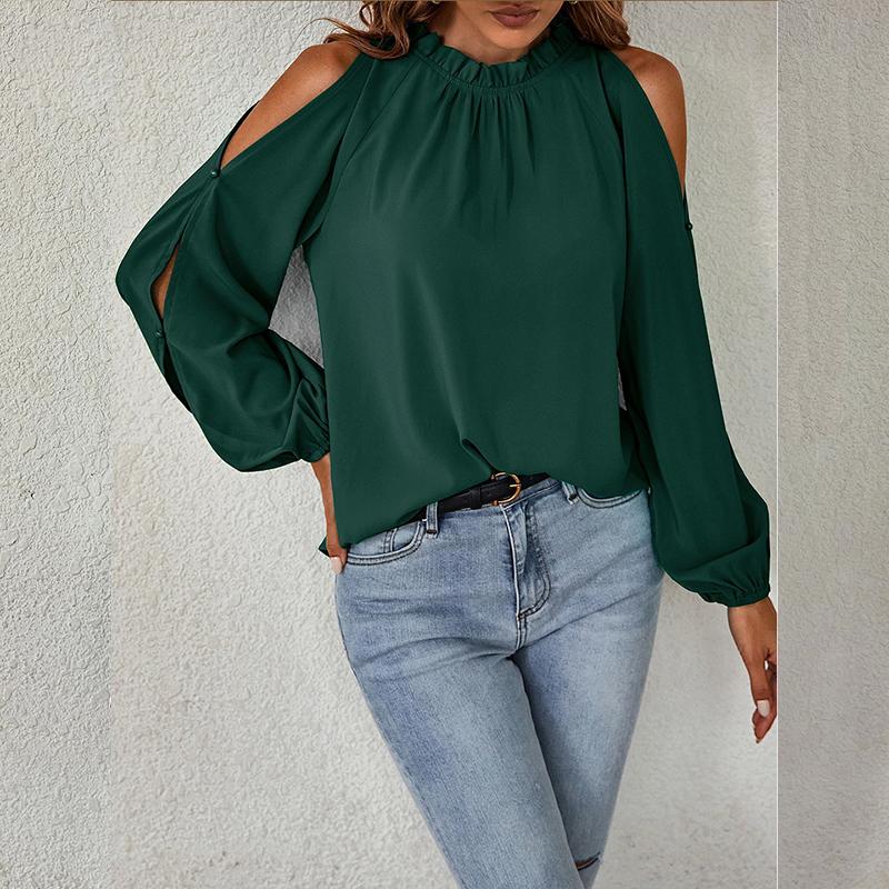 Top da donna primaverili ed estivi Camicia a foglia di loto tinta unita Girocollo Manica lunga Camicetta con spalle scoperte pieghettata termoretraibile