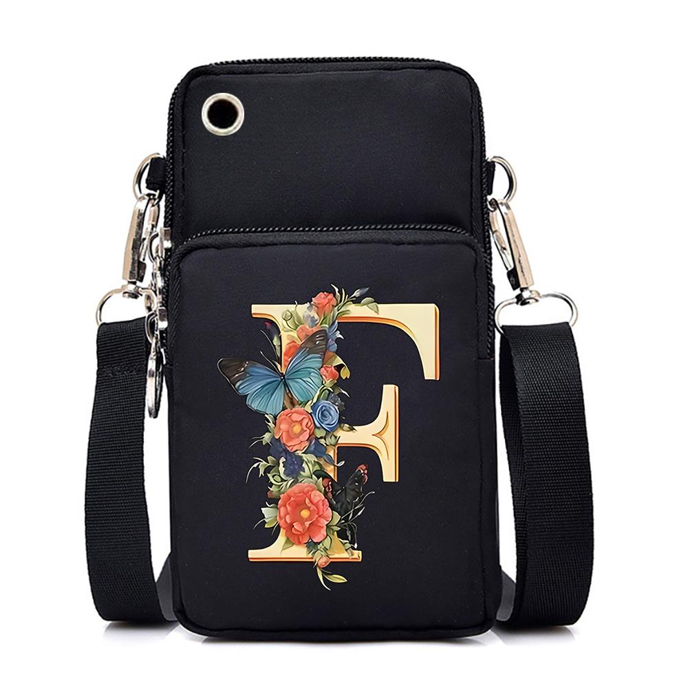Women Small Crossbody Shoulder Bags Vintage Flower Alphabet Mobile Phone Bag Purse Soft Leather Strap Handbag Mini Messenger Bag