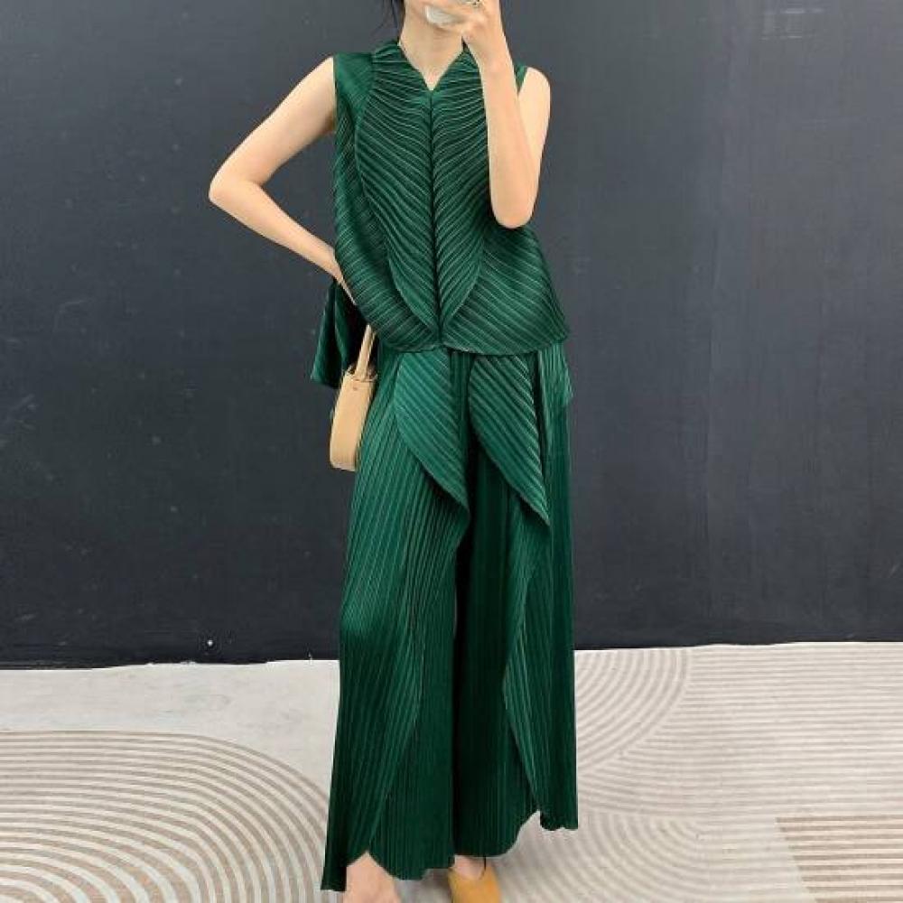 Plara Pleats Wide Folding Blouse + Pants Set